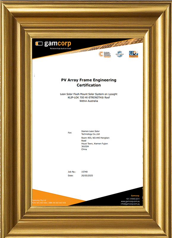 Array Frame Engineering Certificate Flush Mount Solar System on KL700HS Roof