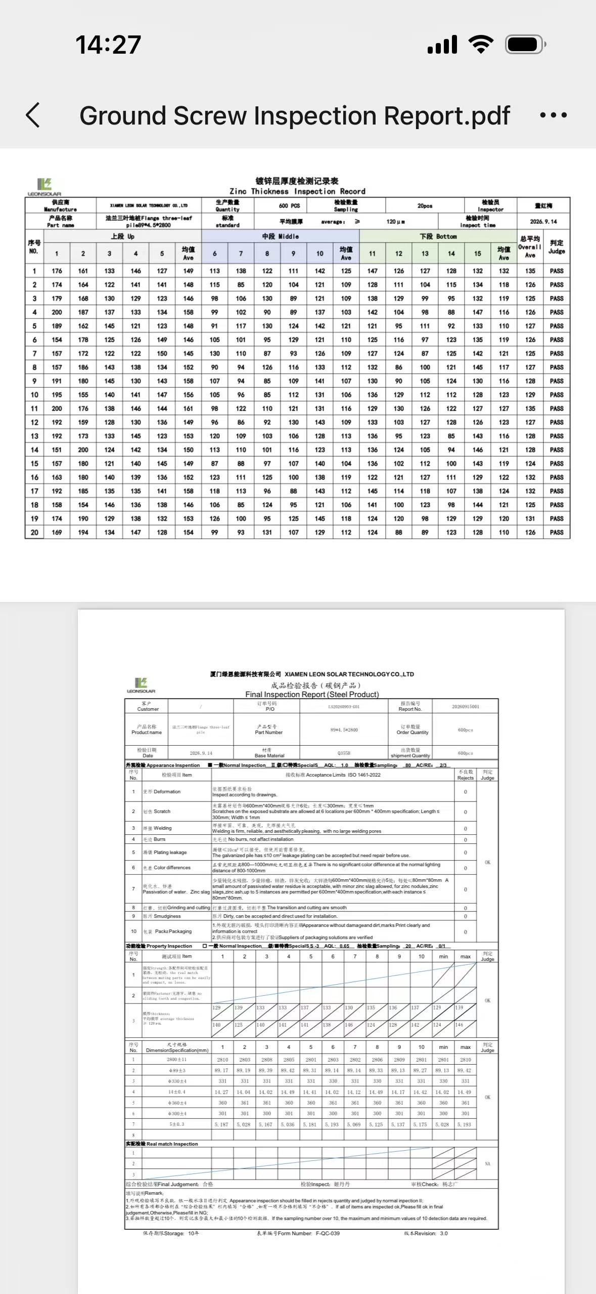 Zinc coating thickness inspection record and final inspection report for steel ground screws